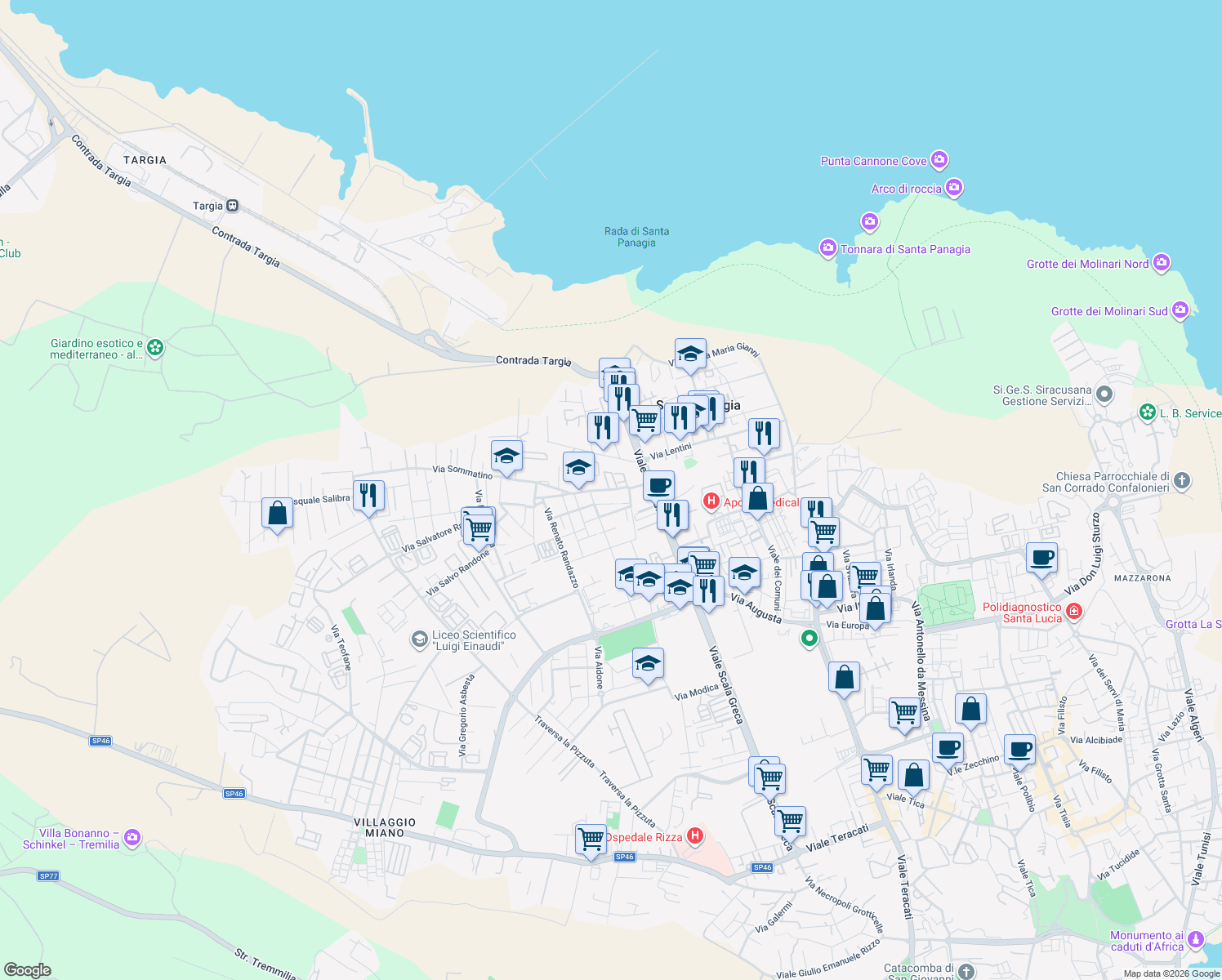 map of restaurants, bars, coffee shops, grocery stores, and more near Via Avola in Syracuse