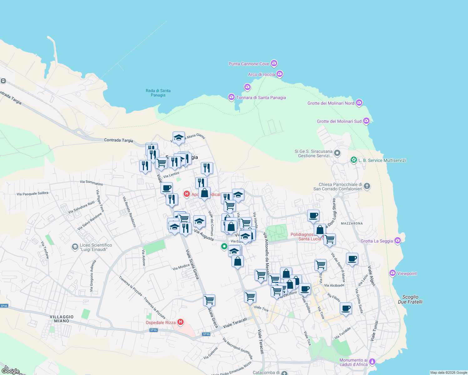 map of restaurants, bars, coffee shops, grocery stores, and more near 8 Via Aldo Carratore in Siracusa