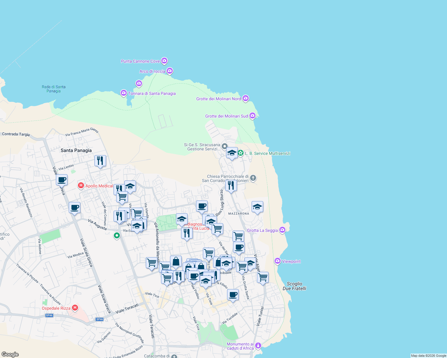 map of restaurants, bars, coffee shops, grocery stores, and more near 12 Via Luigi Cassia in Siracusa