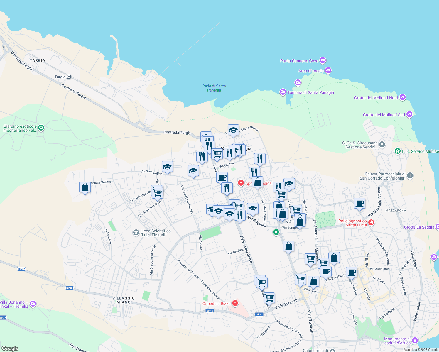 map of restaurants, bars, coffee shops, grocery stores, and more near 324 Viale Scala Greca in Siracusa
