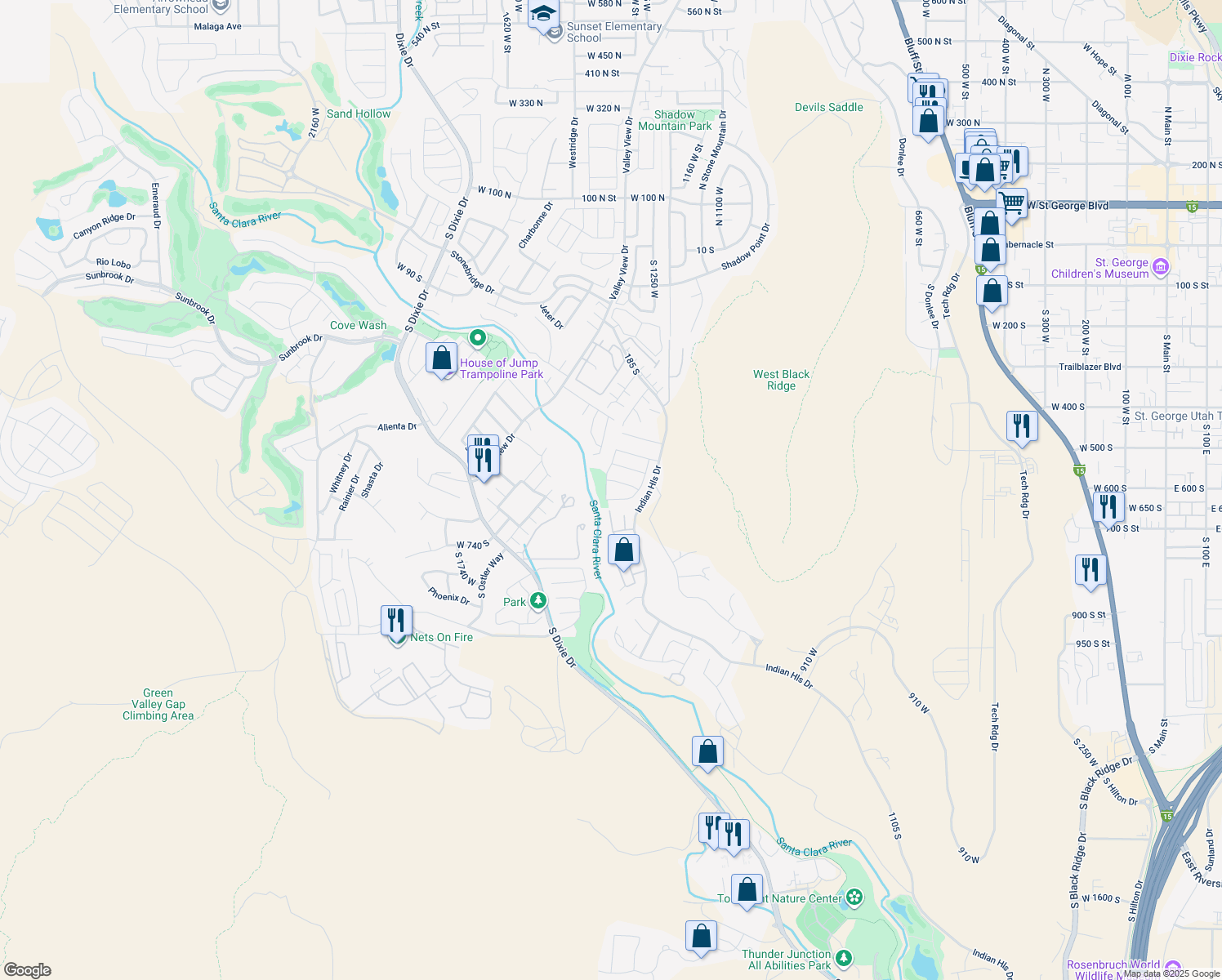map of restaurants, bars, coffee shops, grocery stores, and more near 607 South 1360 West in St. George