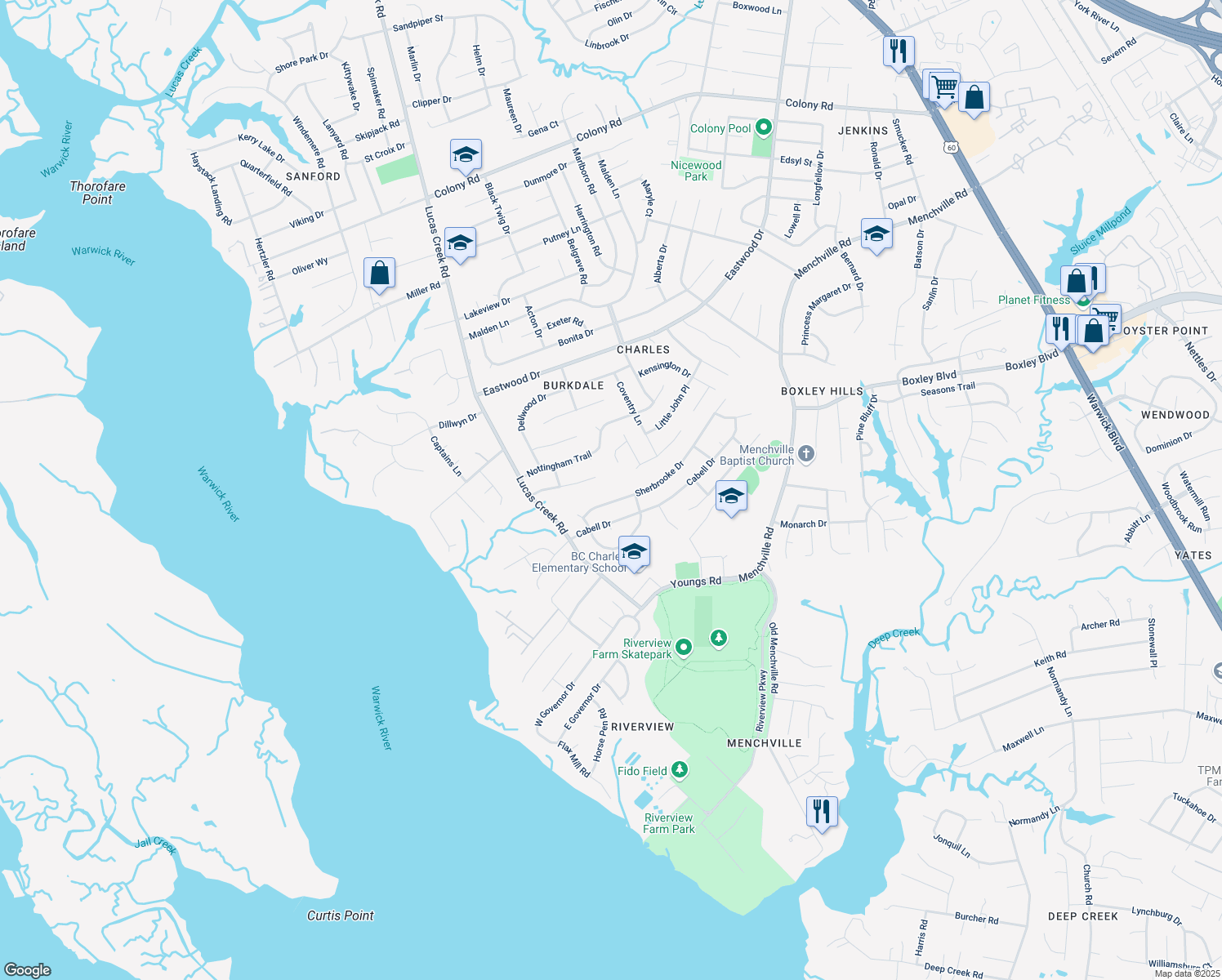 map of restaurants, bars, coffee shops, grocery stores, and more near 215 Sherbrooke Drive in Newport News
