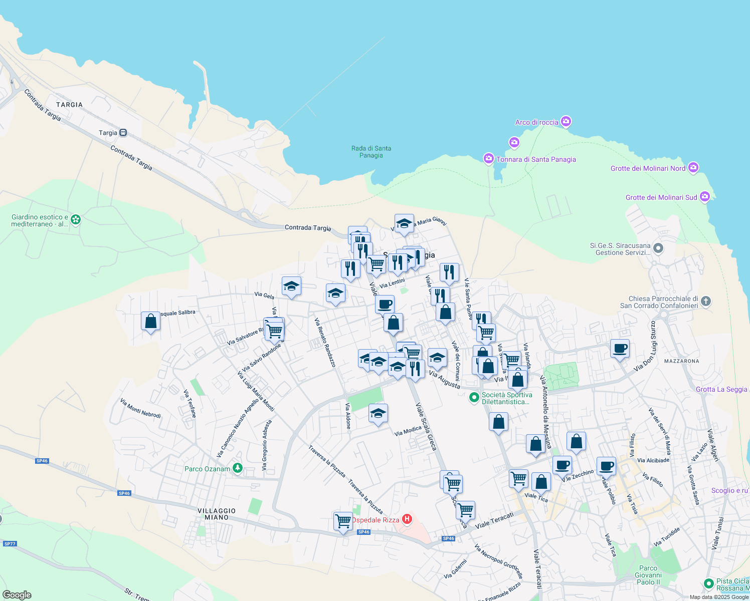 map of restaurants, bars, coffee shops, grocery stores, and more near Via Avola in Syracuse