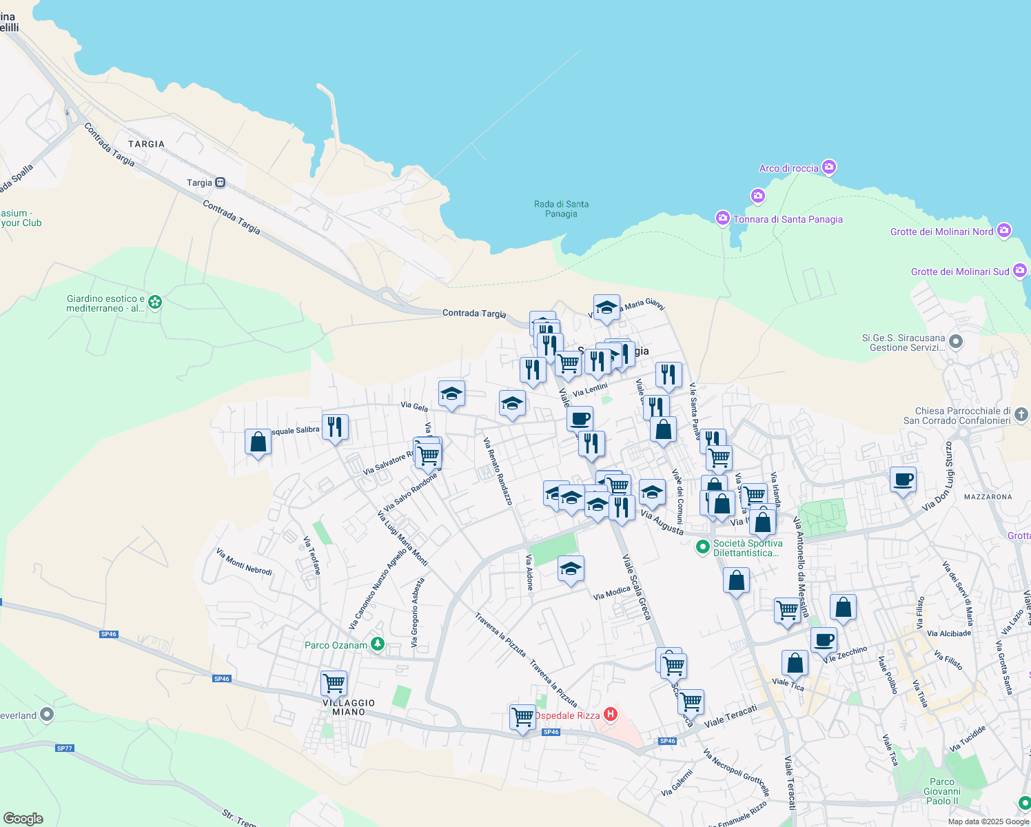 map of restaurants, bars, coffee shops, grocery stores, and more near 4 Via Buccheri in Siracusa