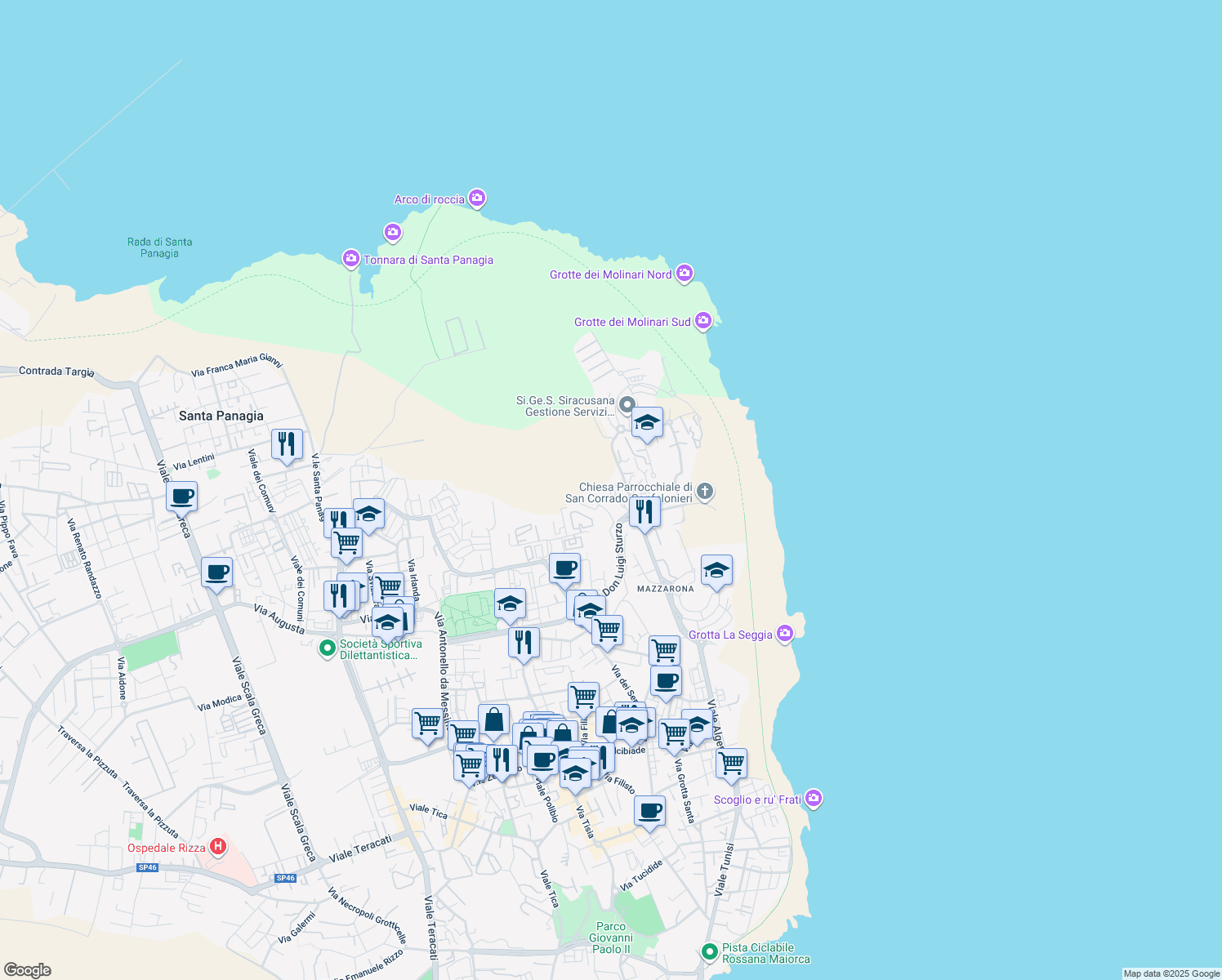 map of restaurants, bars, coffee shops, grocery stores, and more near 1/c Largo Luciano Russo in Siracusa