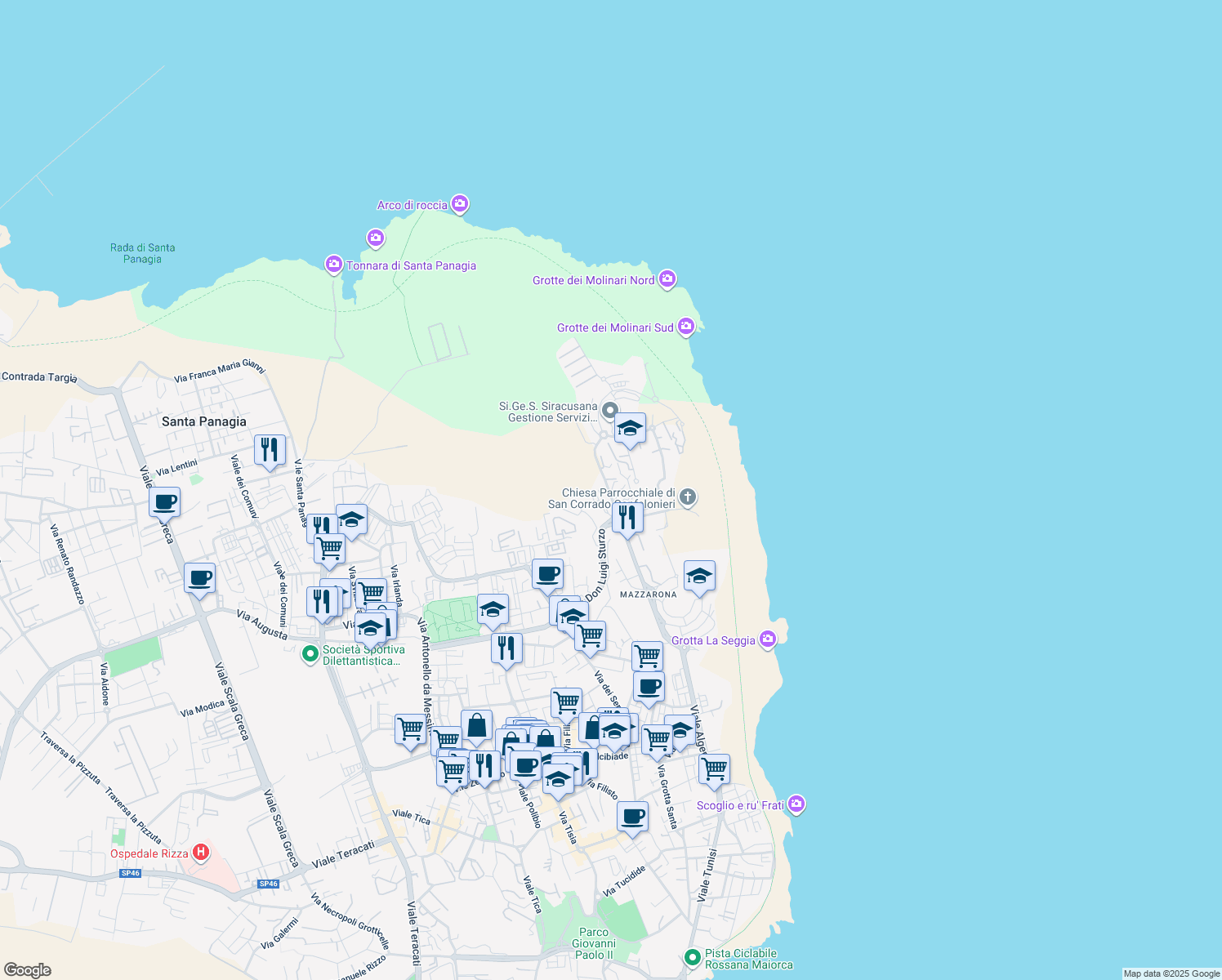 map of restaurants, bars, coffee shops, grocery stores, and more near 1/c Largo Luciano Russo in Siracusa