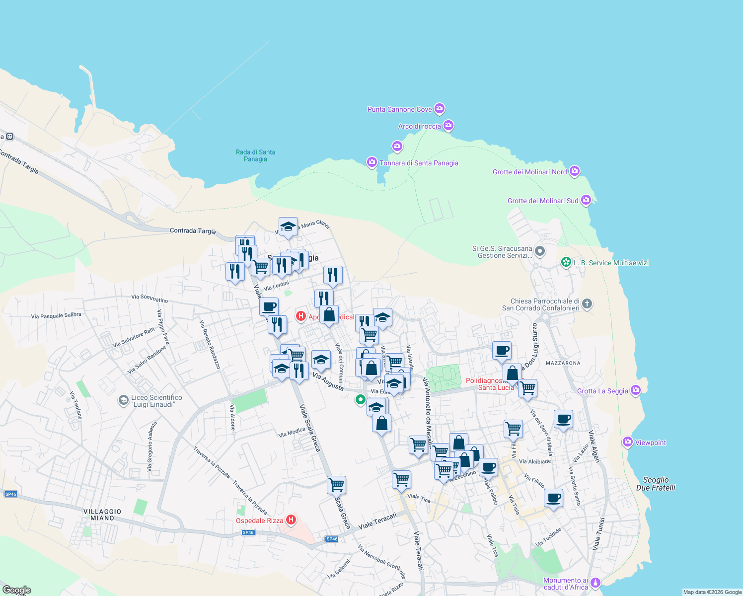 map of restaurants, bars, coffee shops, grocery stores, and more near 8 Via Aldo Carratore in Siracusa