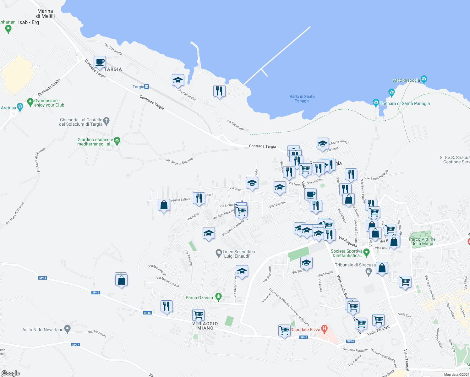 map of restaurants, bars, coffee shops, grocery stores, and more near 40 Via Gela in Siracusa