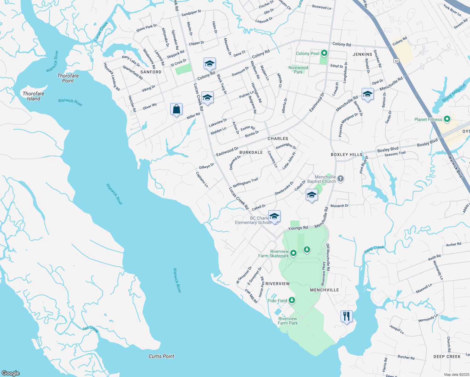 map of restaurants, bars, coffee shops, grocery stores, and more near 102 Nottingham Trail in Newport News