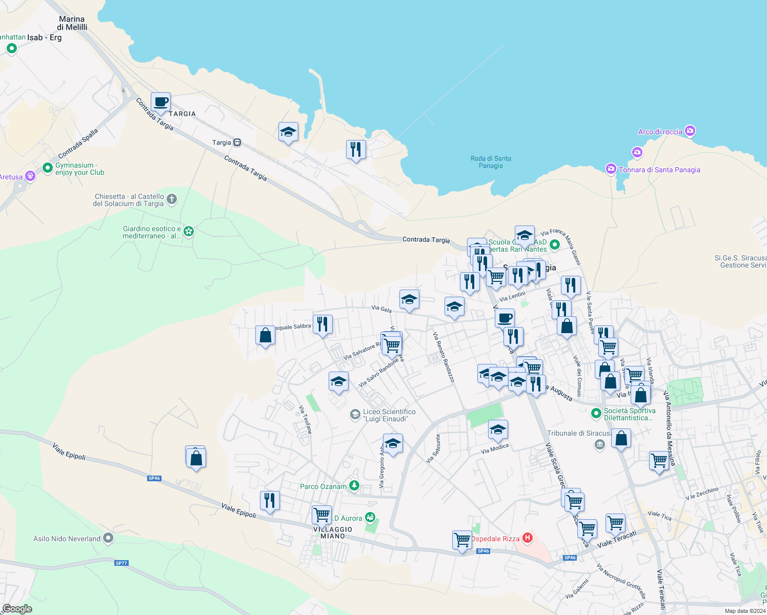 map of restaurants, bars, coffee shops, grocery stores, and more near 40 Via Gela in Siracusa