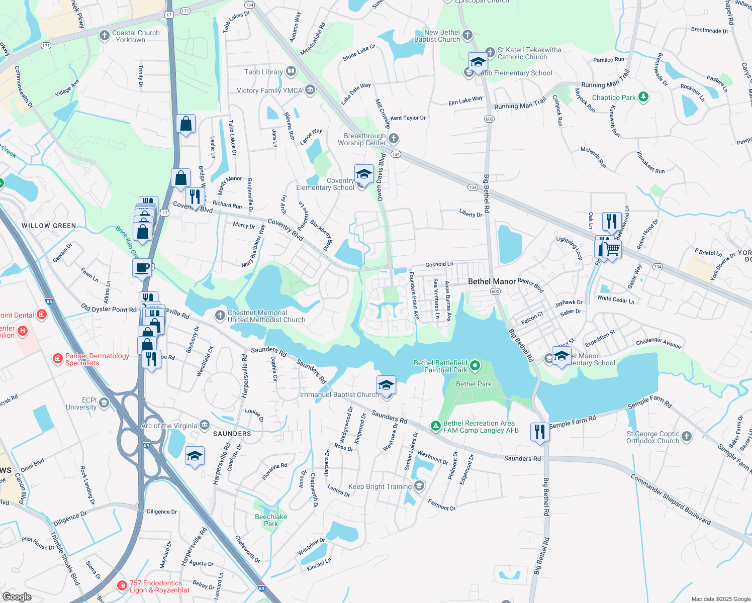 map of restaurants, bars, coffee shops, grocery stores, and more near 405 Kingston Court in Yorktown