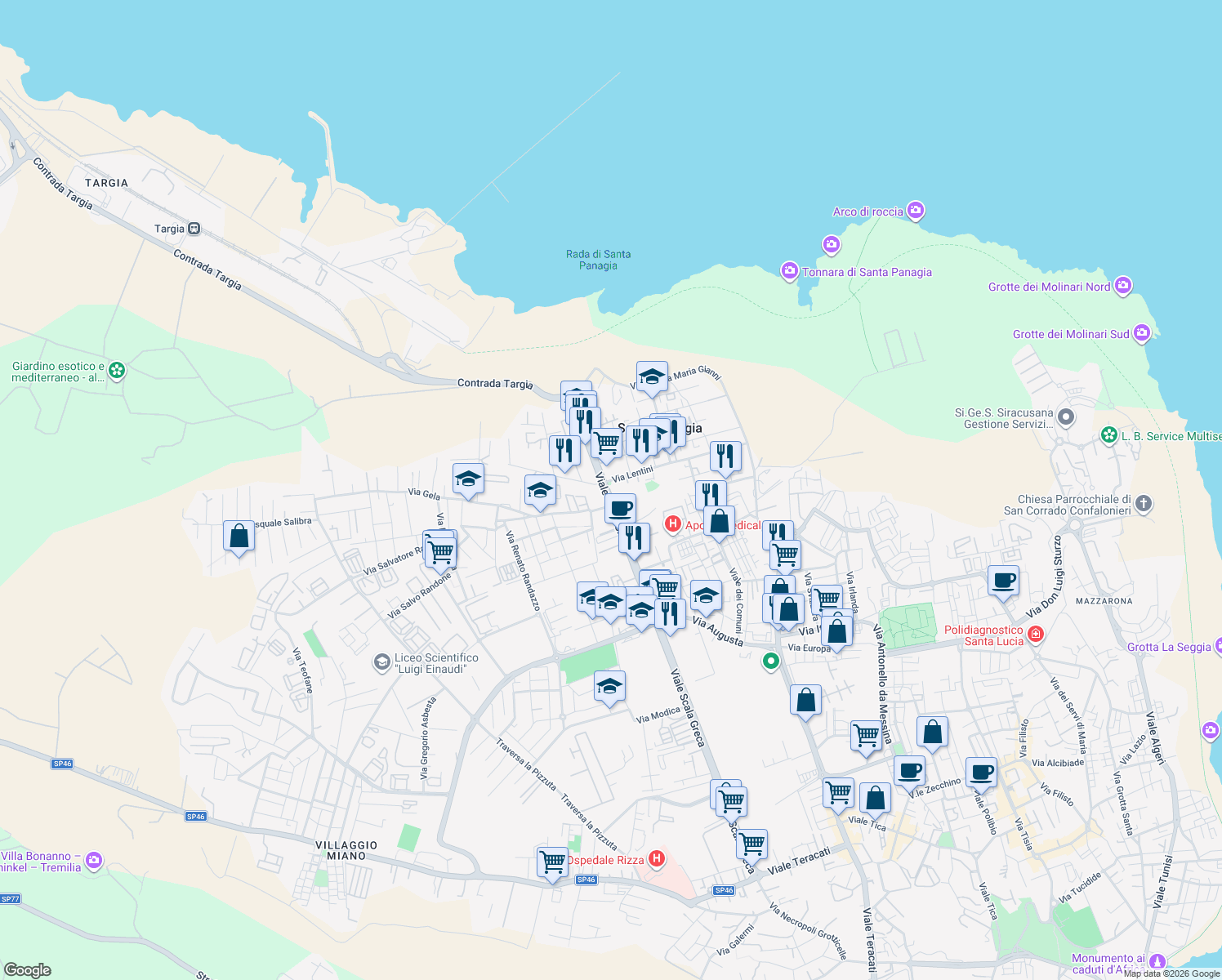 map of restaurants, bars, coffee shops, grocery stores, and more near Via Avola in Syracuse