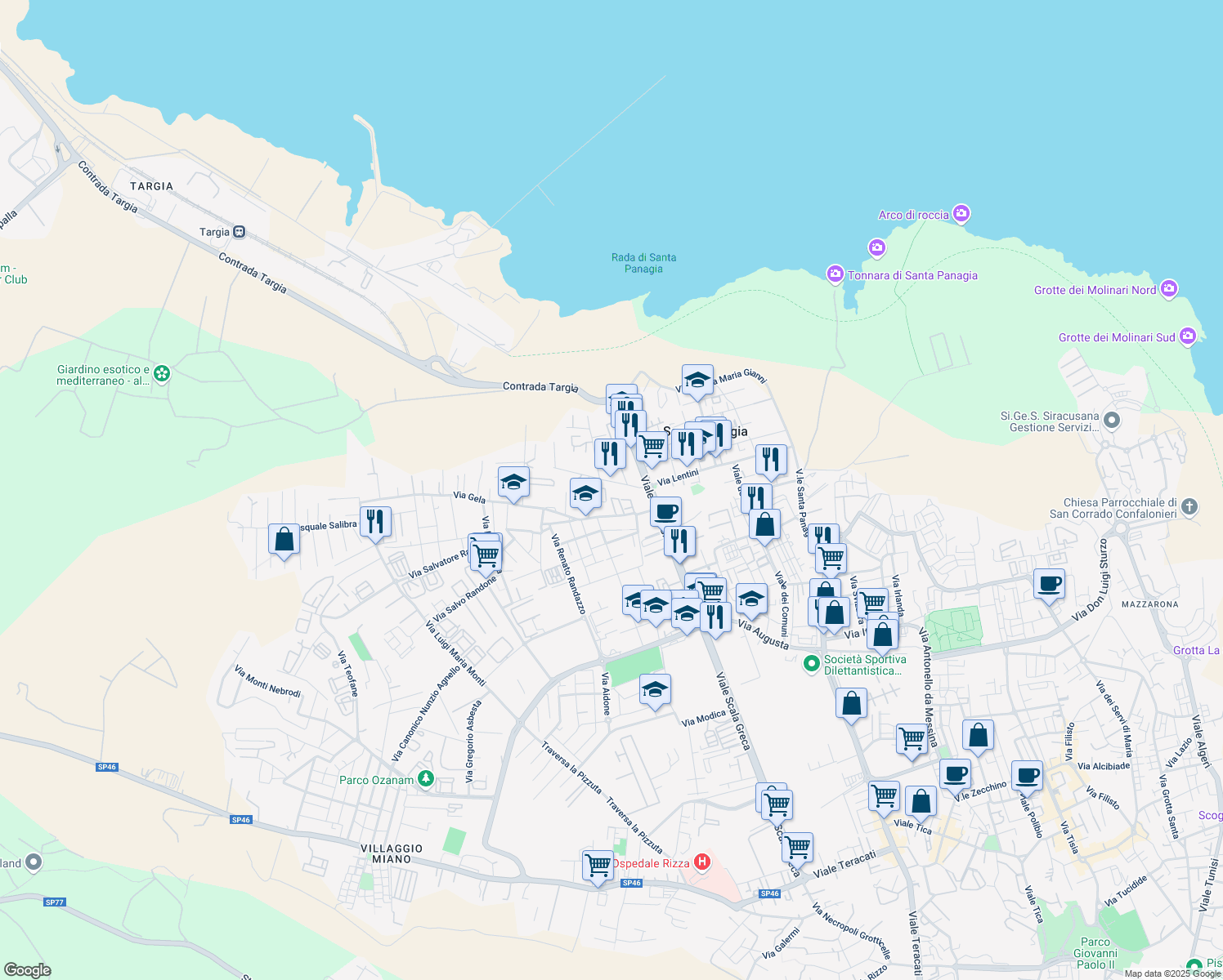 map of restaurants, bars, coffee shops, grocery stores, and more near Via Avola in Syracuse