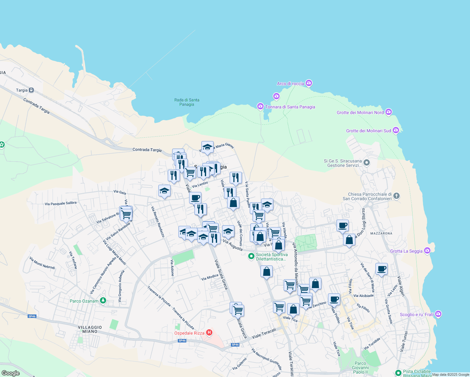 map of restaurants, bars, coffee shops, grocery stores, and more near 8 Via Portopalo in Siracusa