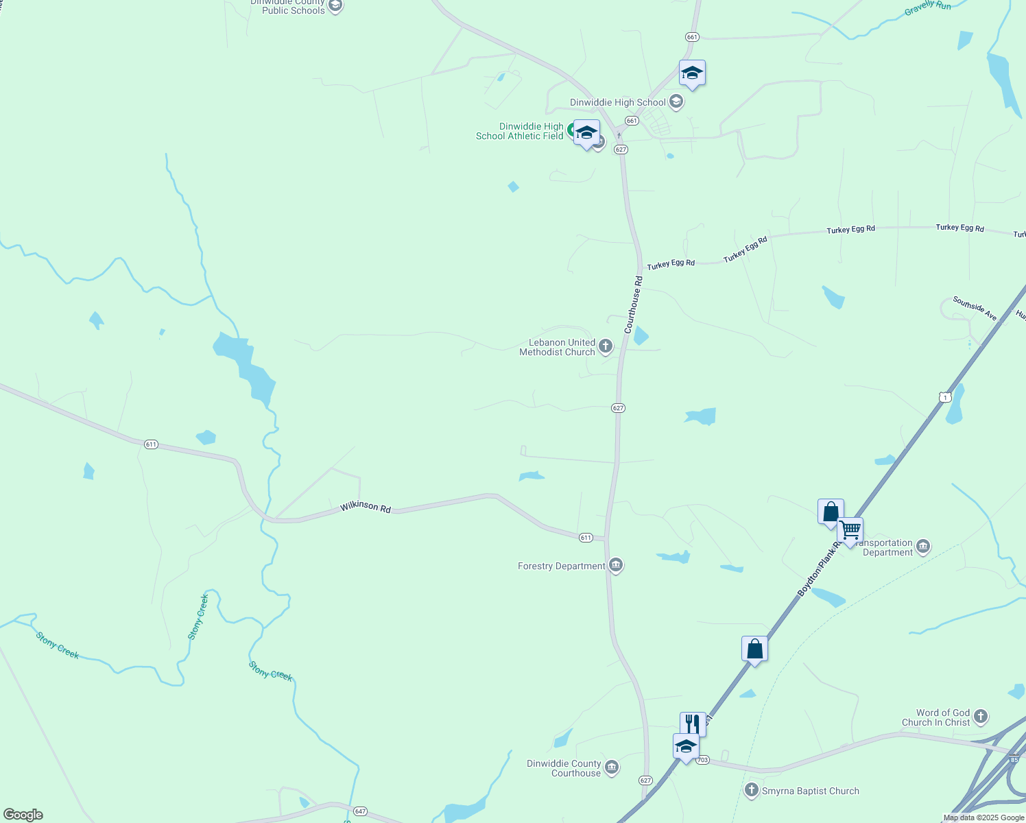 map of restaurants, bars, coffee shops, grocery stores, and more near 18009 Bonneville Lane in Dinwiddie