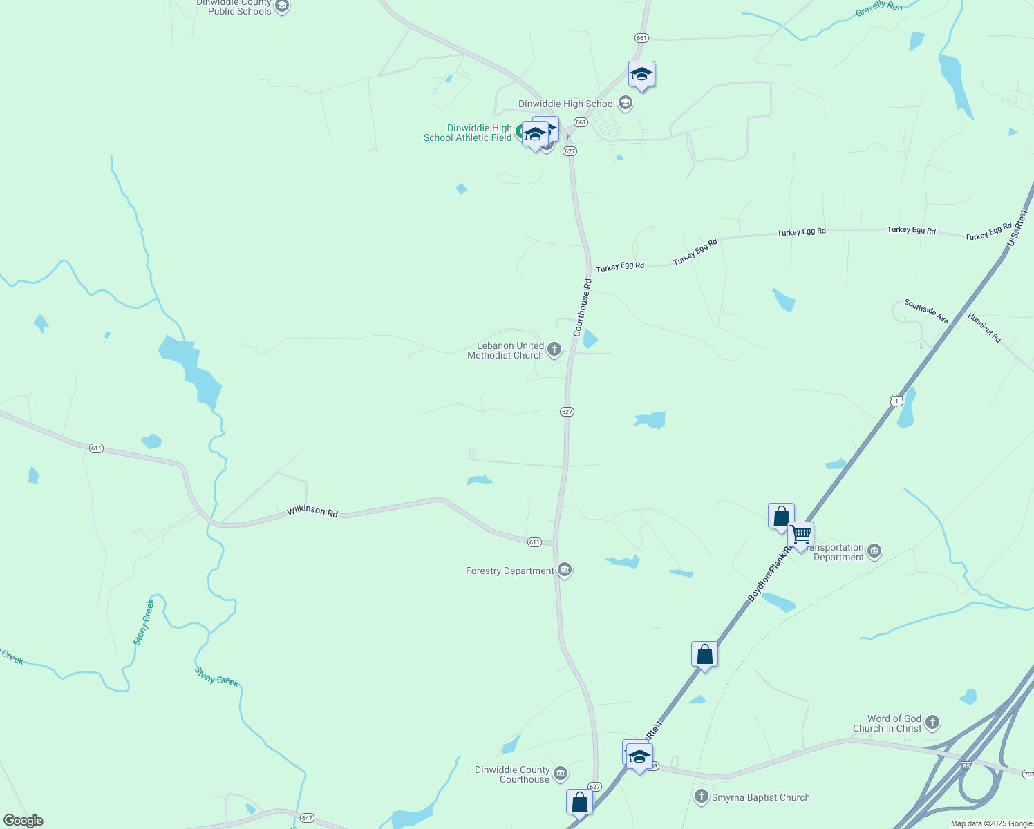 map of restaurants, bars, coffee shops, grocery stores, and more near 18059 Bonneville Lane in Dinwiddie