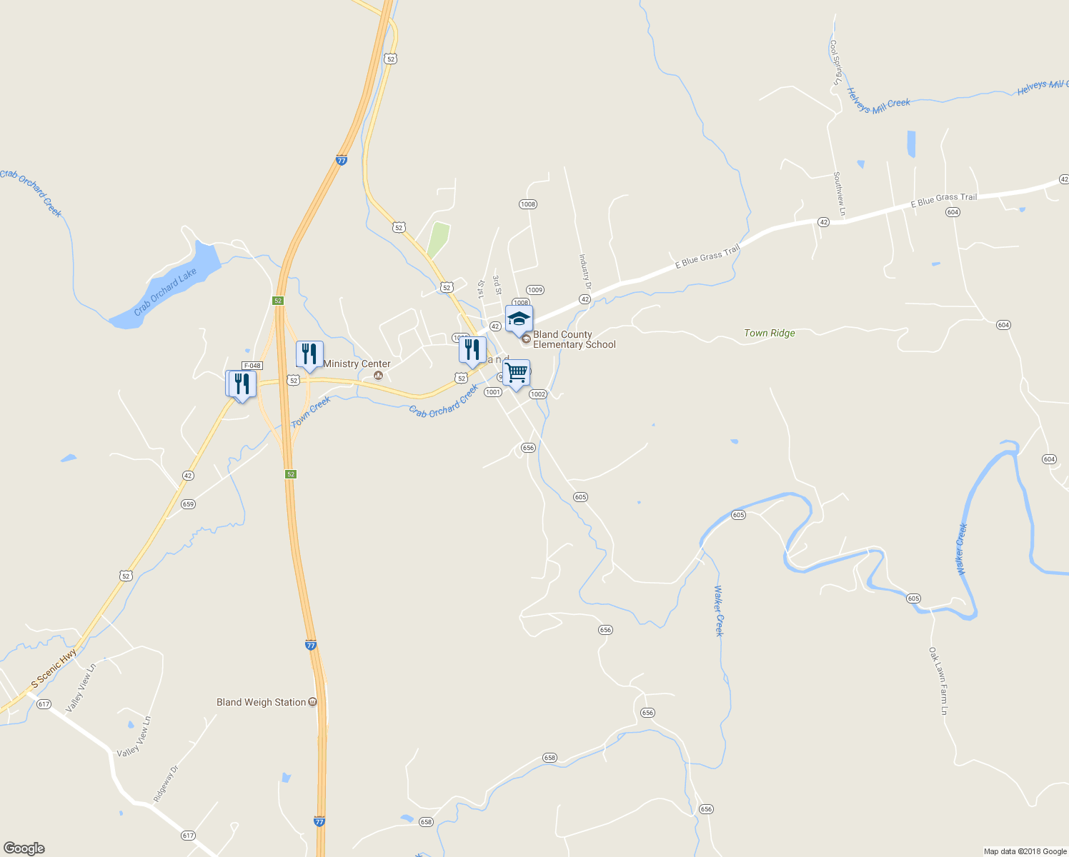 map of restaurants, bars, coffee shops, grocery stores, and more near State Route 656 in Bland