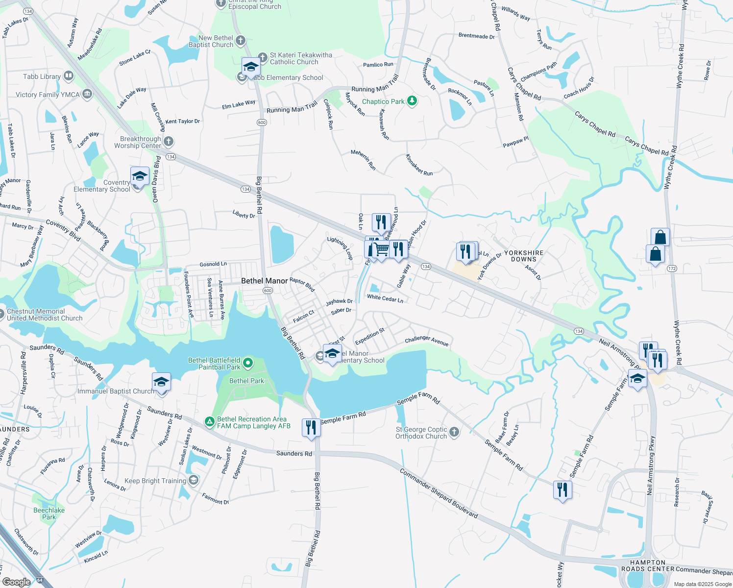 map of restaurants, bars, coffee shops, grocery stores, and more near 101 White Cedar Ln in Yorktown
