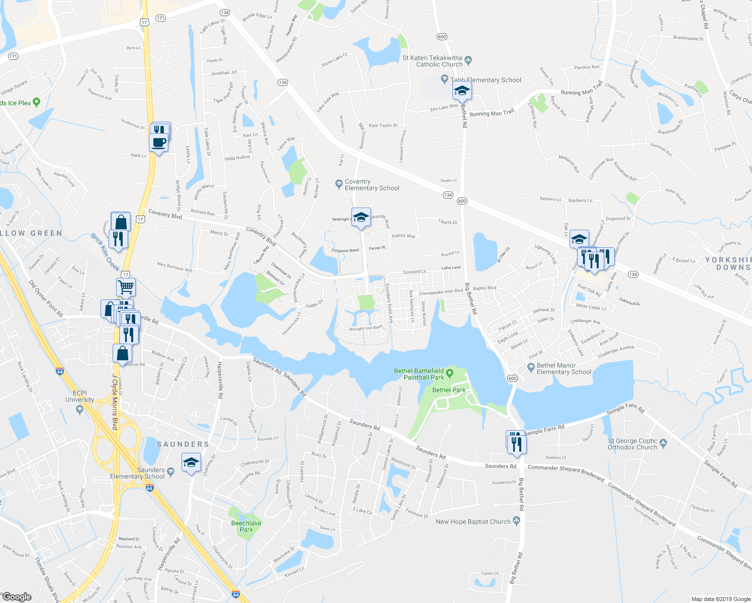 map of restaurants, bars, coffee shops, grocery stores, and more near 124 Foundry Court in Yorktown