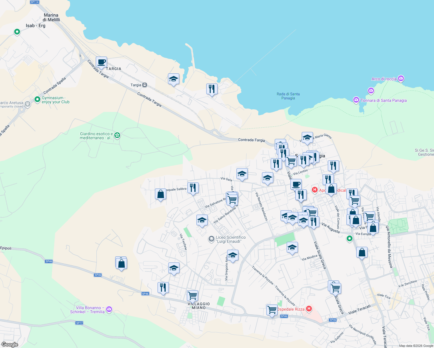 map of restaurants, bars, coffee shops, grocery stores, and more near 2-5 Via Sommatino in Siracusa