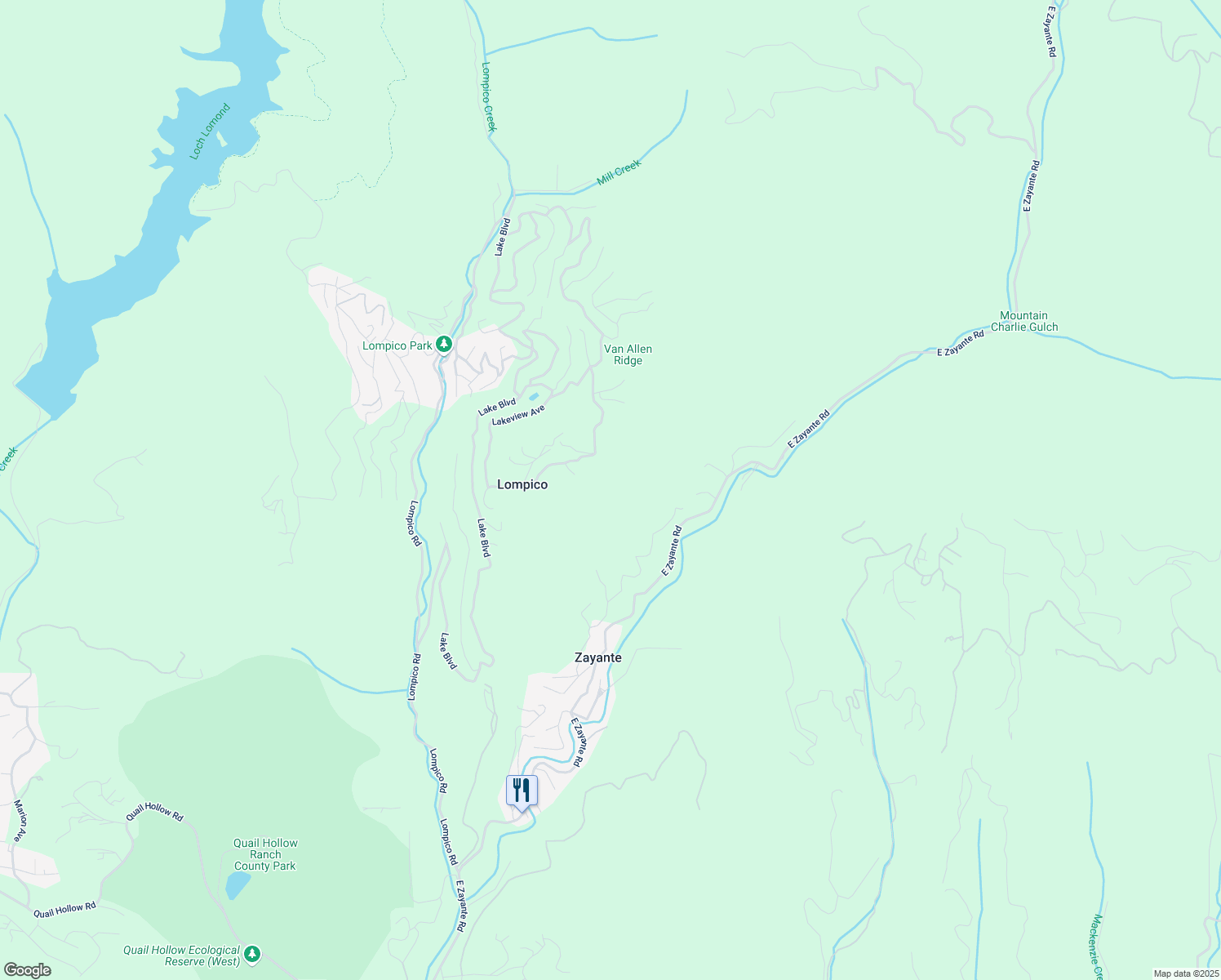 map of restaurants, bars, coffee shops, grocery stores, and more near 100 Stardust Lane in Felton