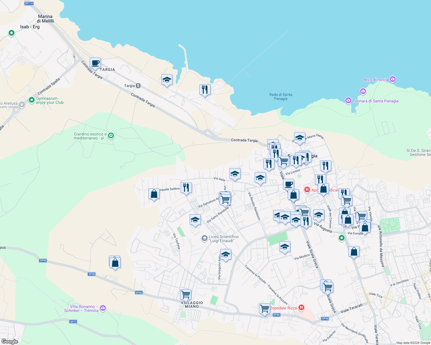 map of restaurants, bars, coffee shops, grocery stores, and more near 2 Via Sommatino in Siracusa