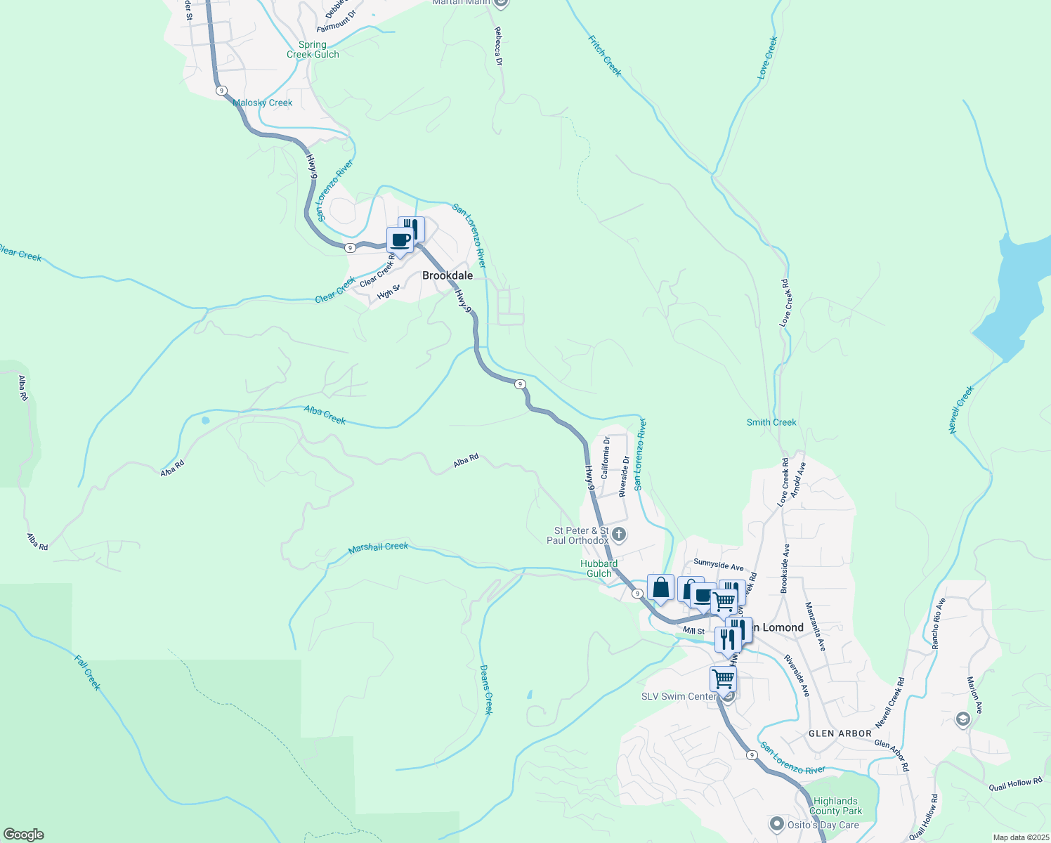 map of restaurants, bars, coffee shops, grocery stores, and more near 10750 Highway 9 in Ben Lomond