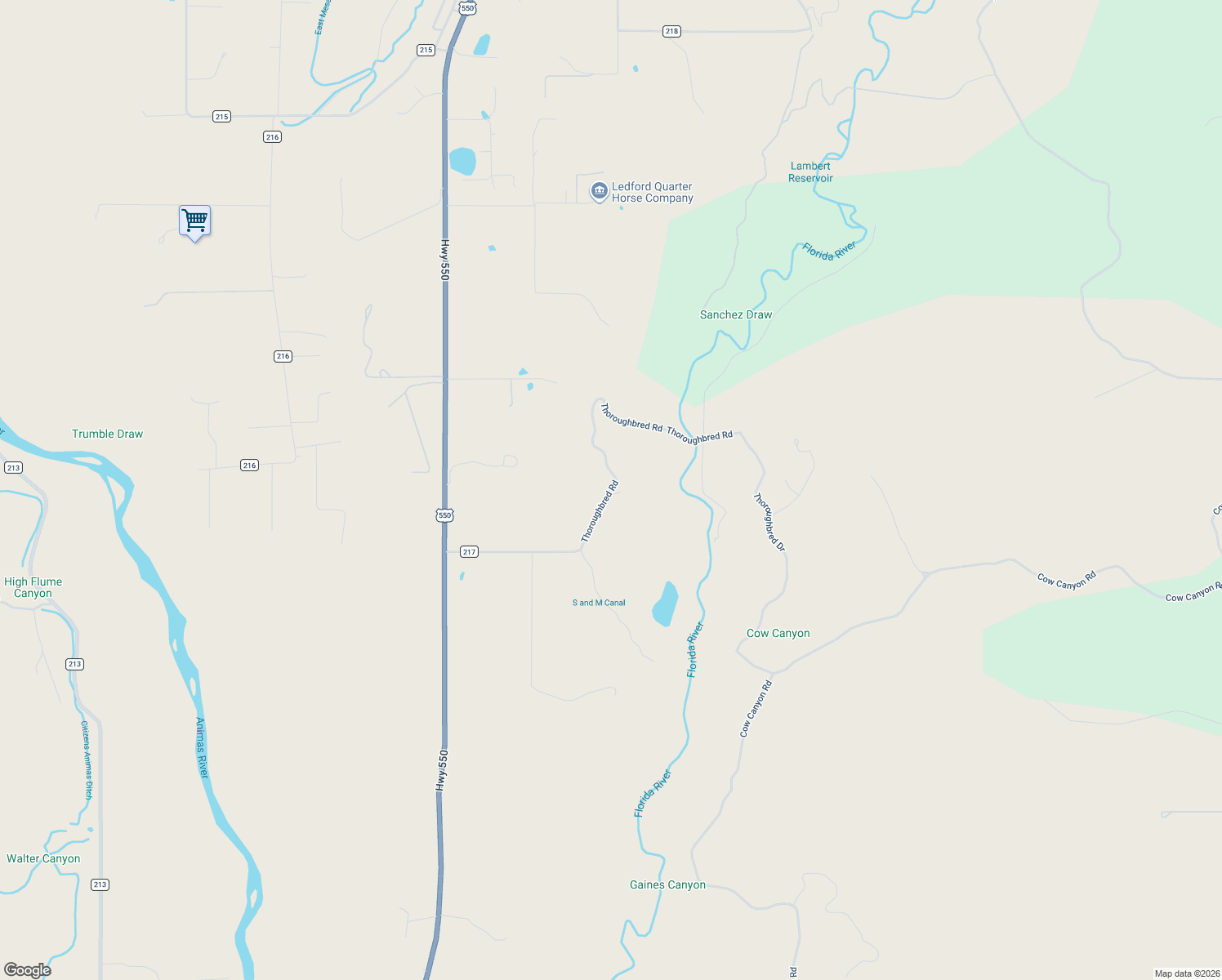 map of restaurants, bars, coffee shops, grocery stores, and more near Thoroughbred Road in La Plata County