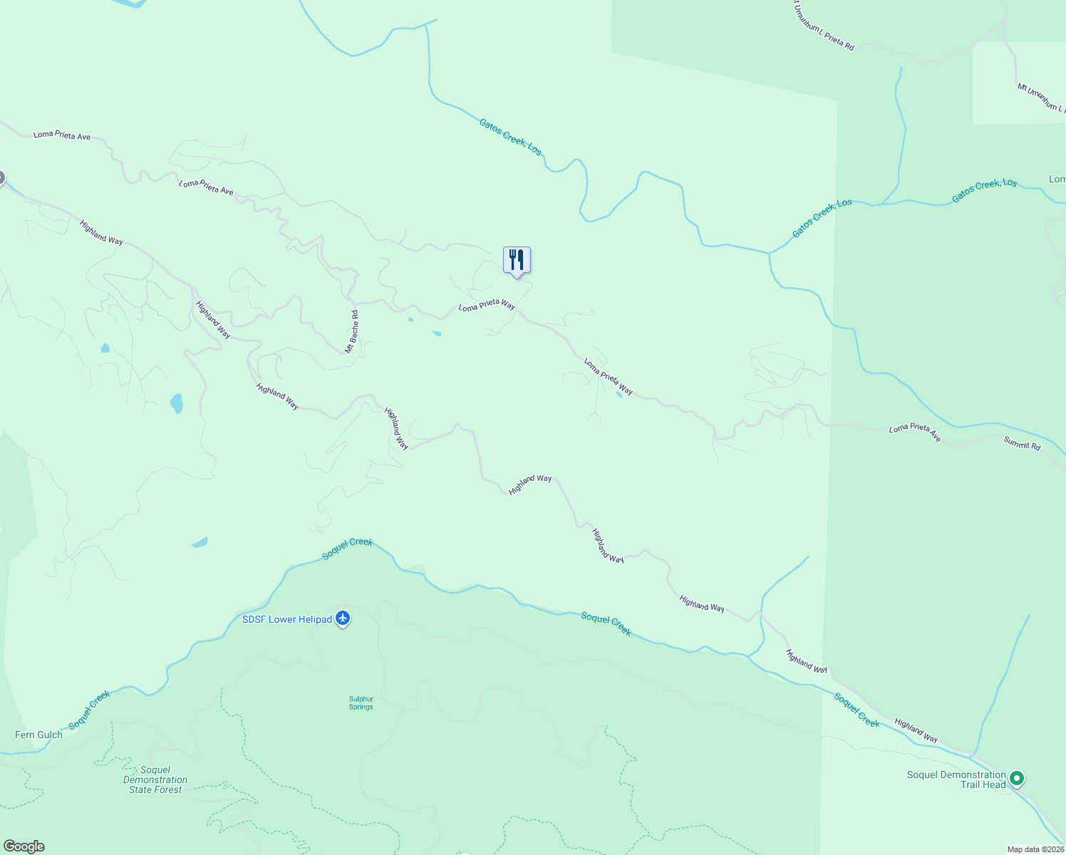 map of restaurants, bars, coffee shops, grocery stores, and more near 27200 Loma Prieta Way in Los Gatos
