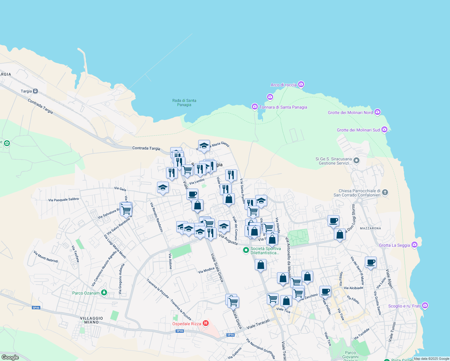 map of restaurants, bars, coffee shops, grocery stores, and more near 8 Via Portopalo in Siracusa