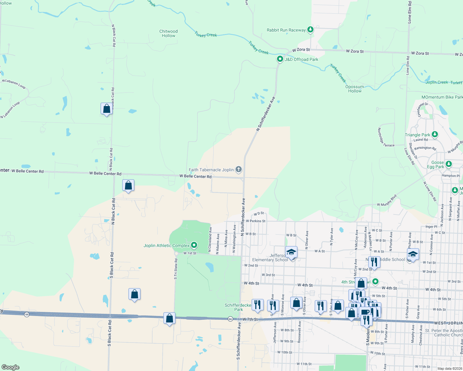 map of restaurants, bars, coffee shops, grocery stores, and more near 3026 E G St in Joplin