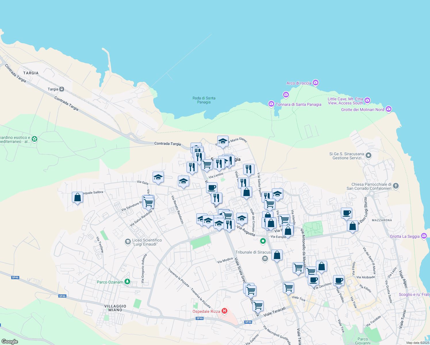map of restaurants, bars, coffee shops, grocery stores, and more near 2A Via Sortino in Siracusa