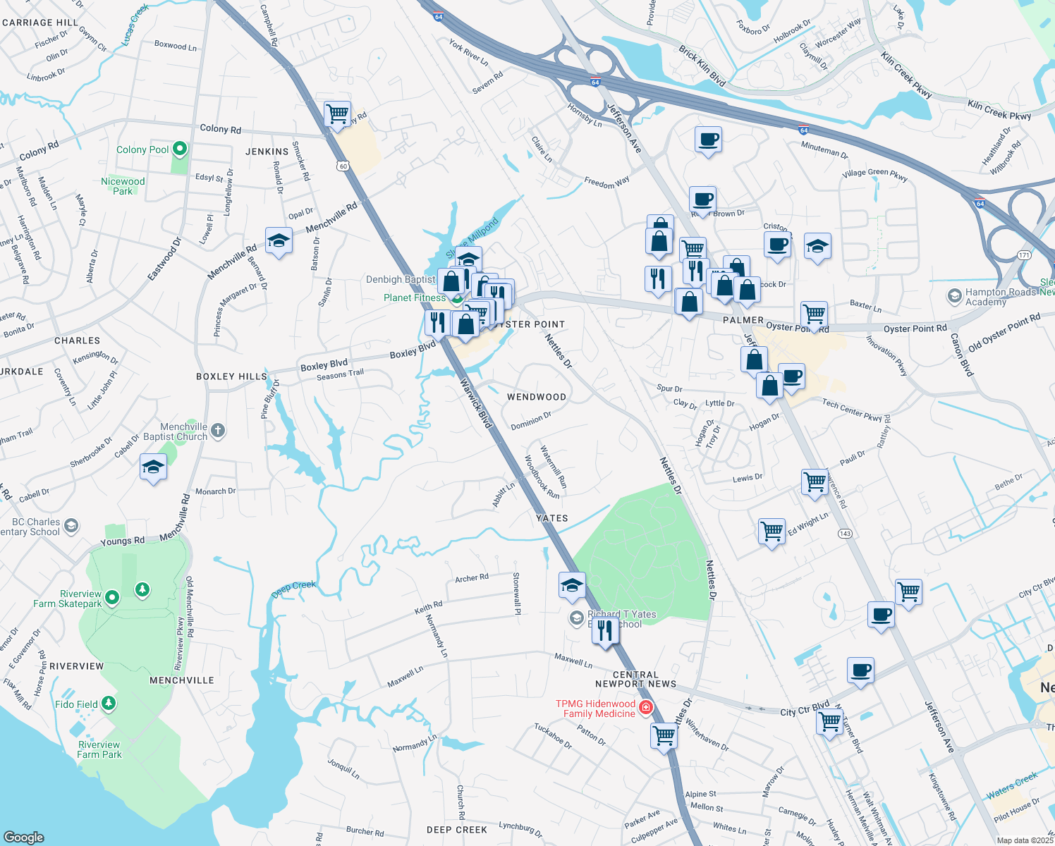 map of restaurants, bars, coffee shops, grocery stores, and more near 222 Dominion Dr in Newport News