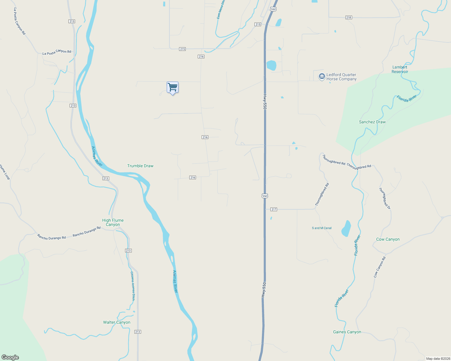 map of restaurants, bars, coffee shops, grocery stores, and more near 912 County Road 216 in Durango