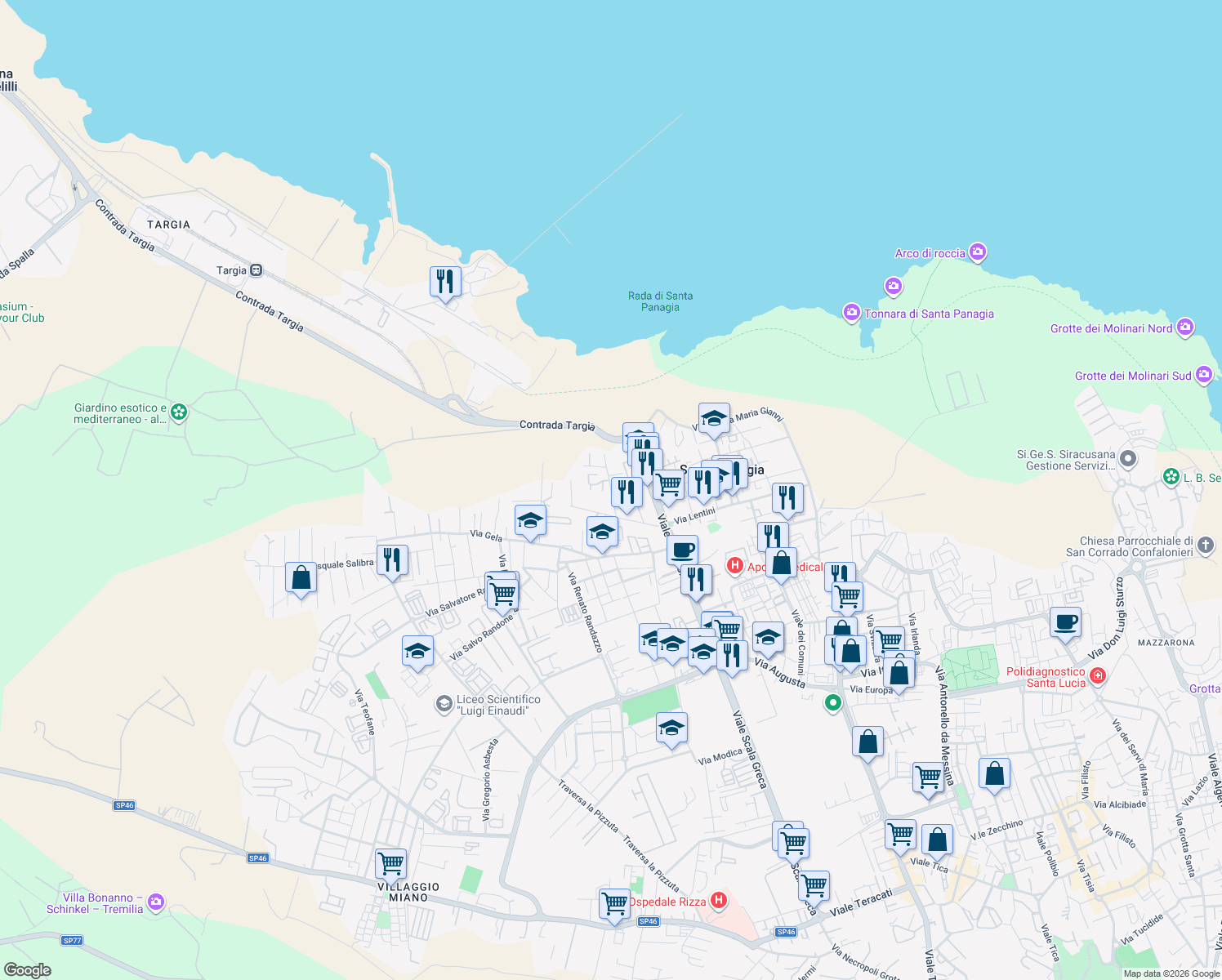 map of restaurants, bars, coffee shops, grocery stores, and more near 3 Via Vincenzo Cappello in Siracusa