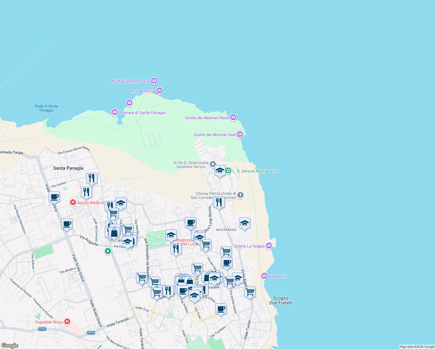 map of restaurants, bars, coffee shops, grocery stores, and more near 12 Via Luigi Cassia in Siracusa