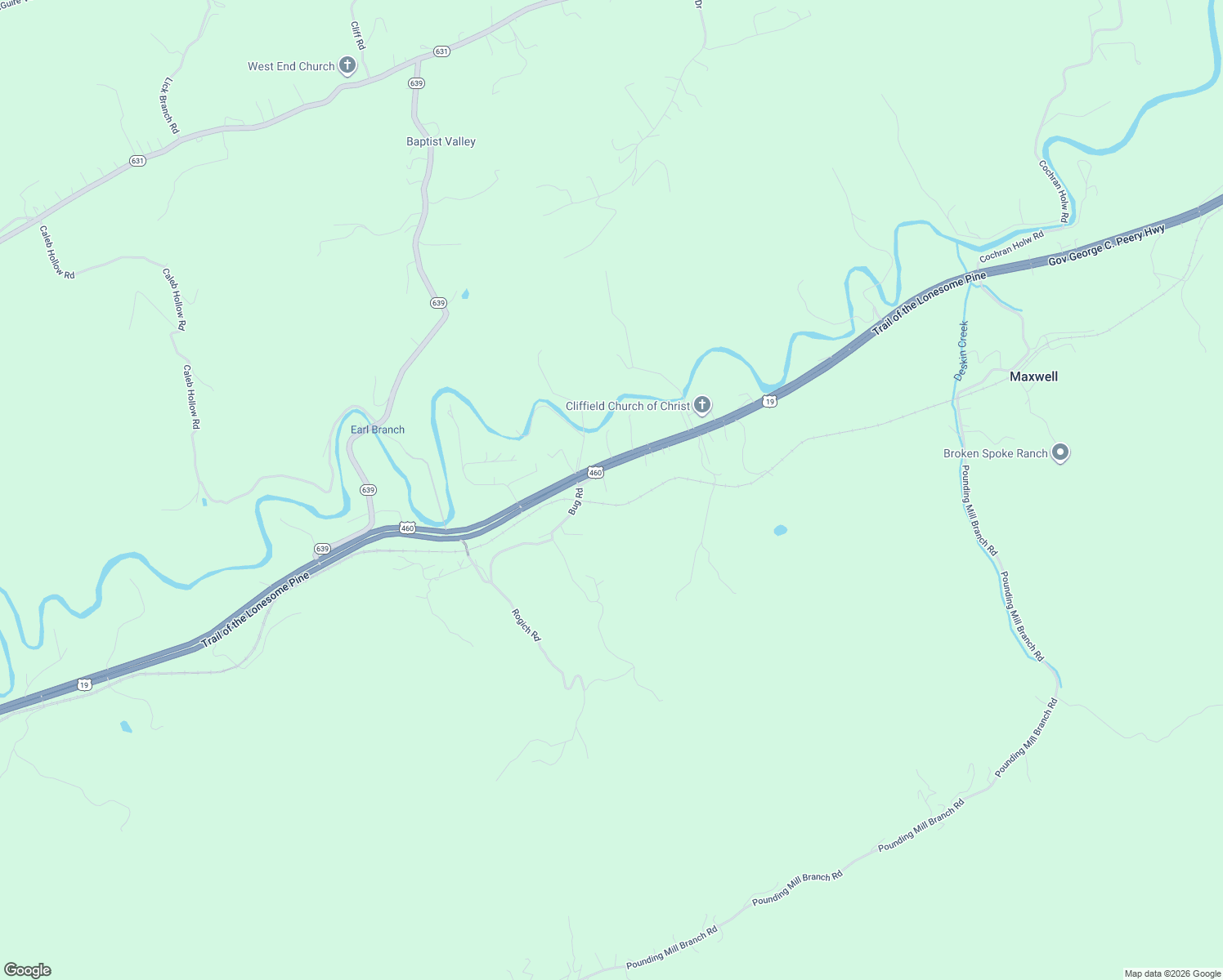 map of restaurants, bars, coffee shops, grocery stores, and more near Bug Road in Pounding Mill