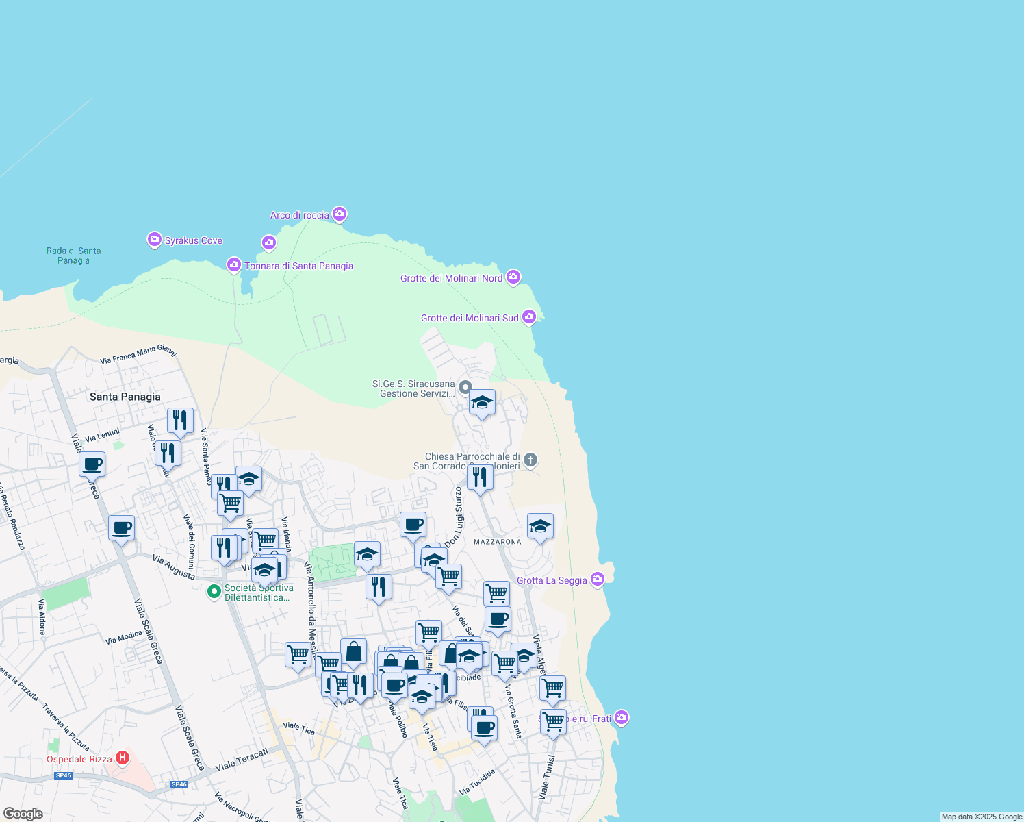 map of restaurants, bars, coffee shops, grocery stores, and more near 7 Via Achille Adorno in Siracusa