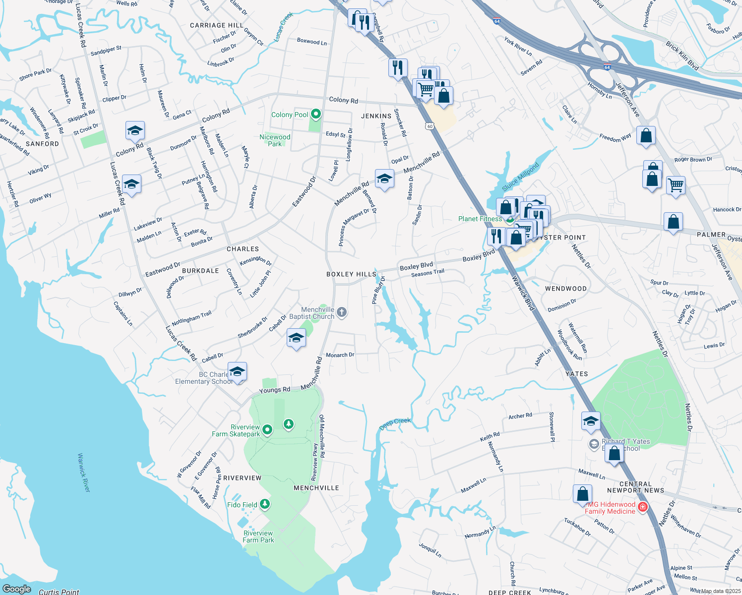 map of restaurants, bars, coffee shops, grocery stores, and more near 121 Pine Bluff Drive in Newport News