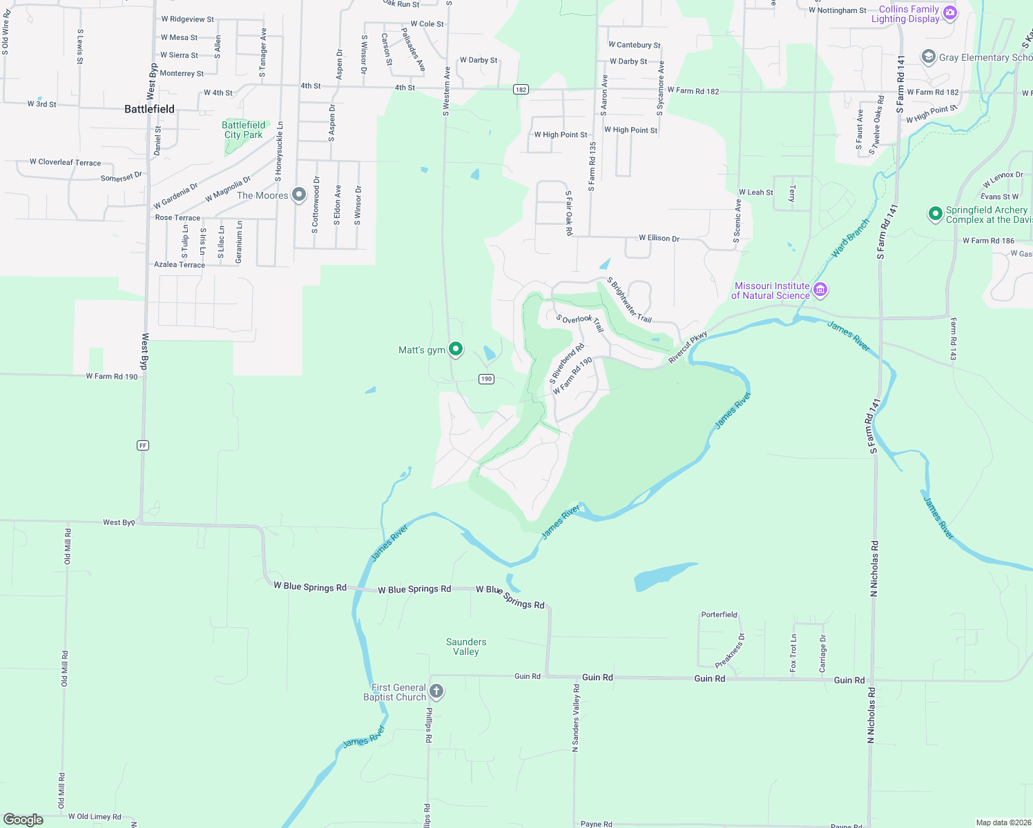 map of restaurants, bars, coffee shops, grocery stores, and more near 3330 West Farm Road 190 in Greene County