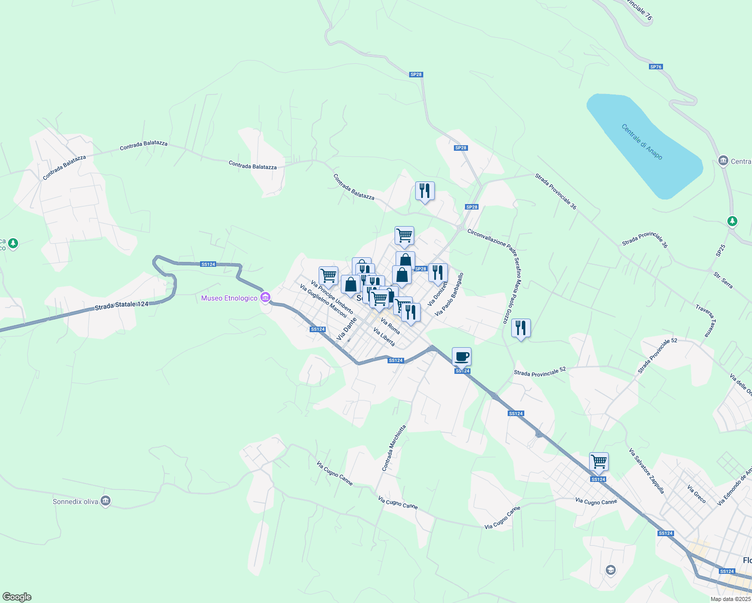 map of restaurants, bars, coffee shops, grocery stores, and more near in Solarino