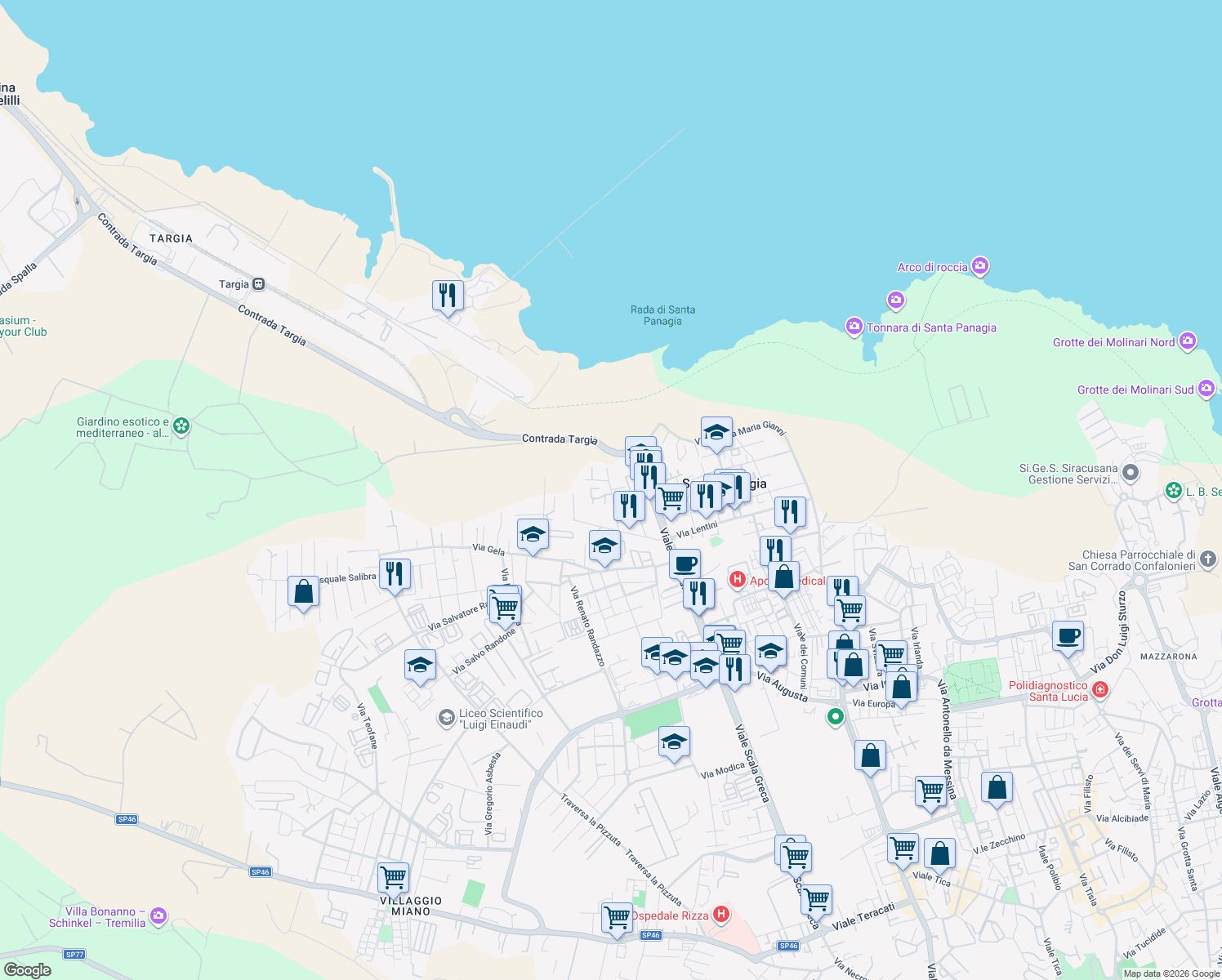 map of restaurants, bars, coffee shops, grocery stores, and more near 3 Via Vincenzo Cappello in Siracusa