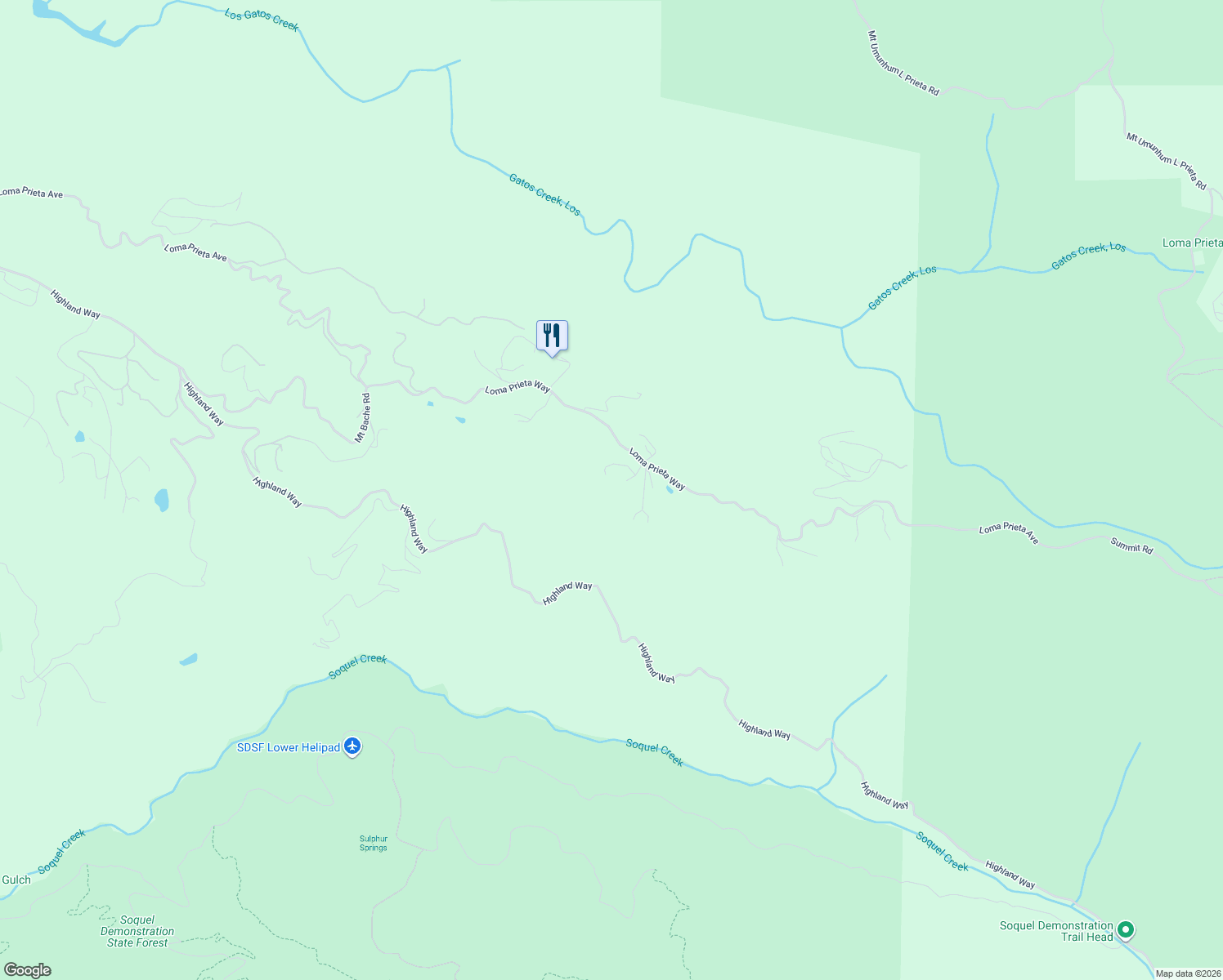 map of restaurants, bars, coffee shops, grocery stores, and more near 27200 Loma Prieta Way in Los Gatos