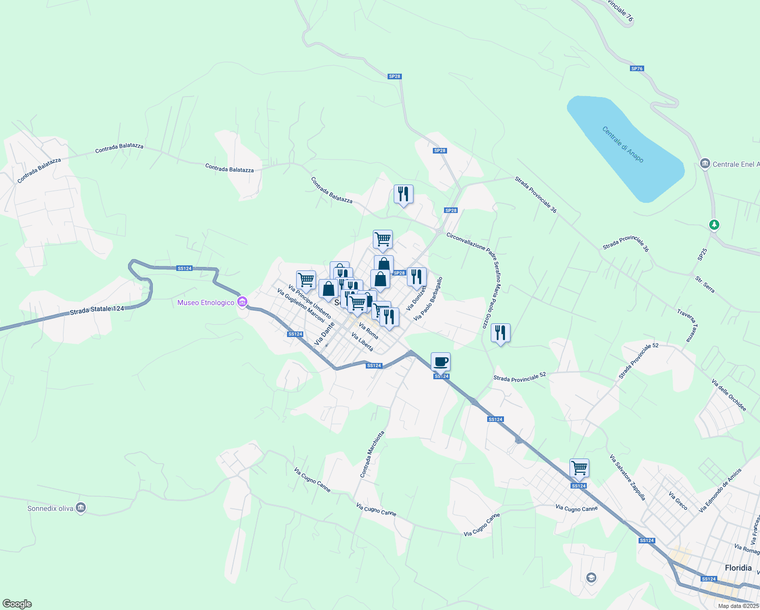 map of restaurants, bars, coffee shops, grocery stores, and more near 22 Via Giacomo Matteotti in Solarino