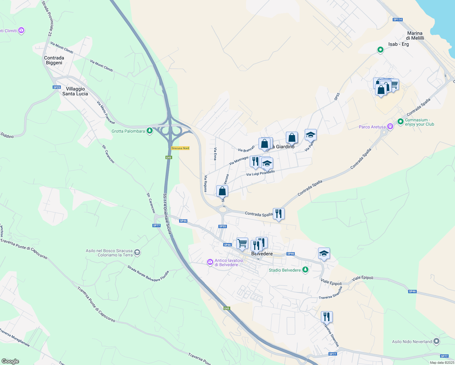 map of restaurants, bars, coffee shops, grocery stores, and more near 58 Via Luigi Pirandello in Città Giardino