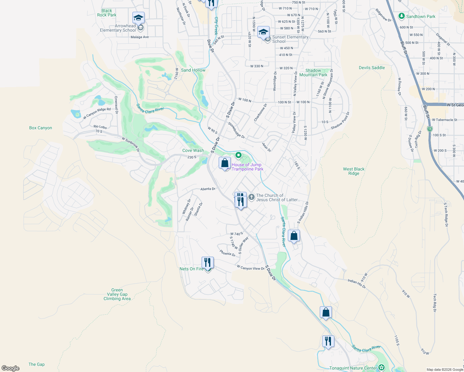 map of restaurants, bars, coffee shops, grocery stores, and more near 421 South Parkside Circle in St. George