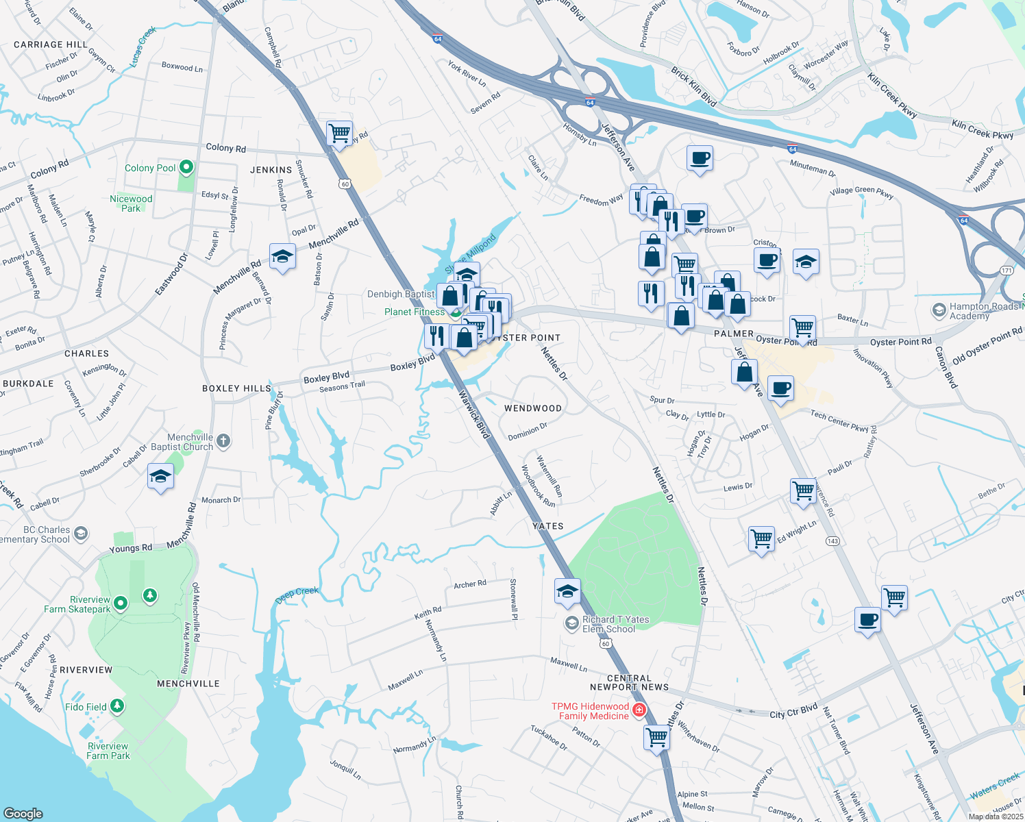 map of restaurants, bars, coffee shops, grocery stores, and more near 201 Dominion Dr in Newport News