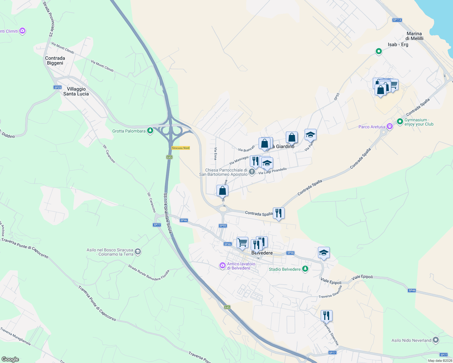 map of restaurants, bars, coffee shops, grocery stores, and more near 58 Via Luigi Pirandello in Città Giardino