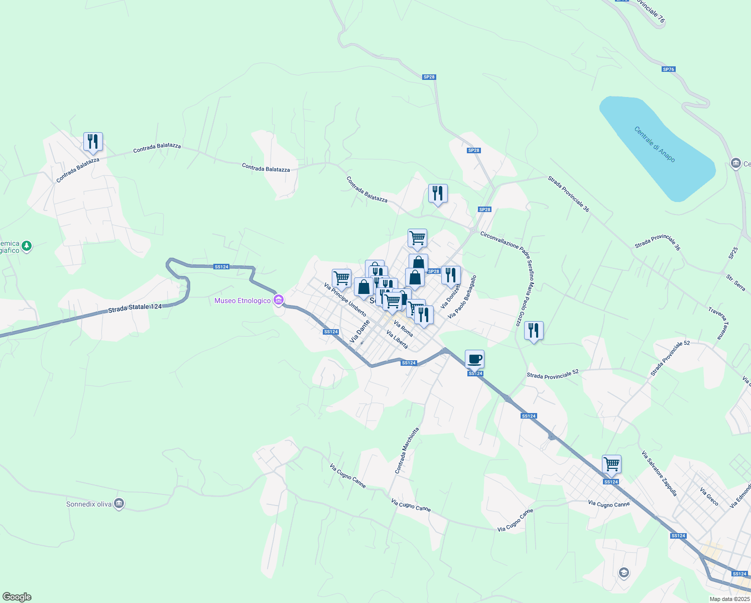 map of restaurants, bars, coffee shops, grocery stores, and more near 12 Via Palestro in Solarino