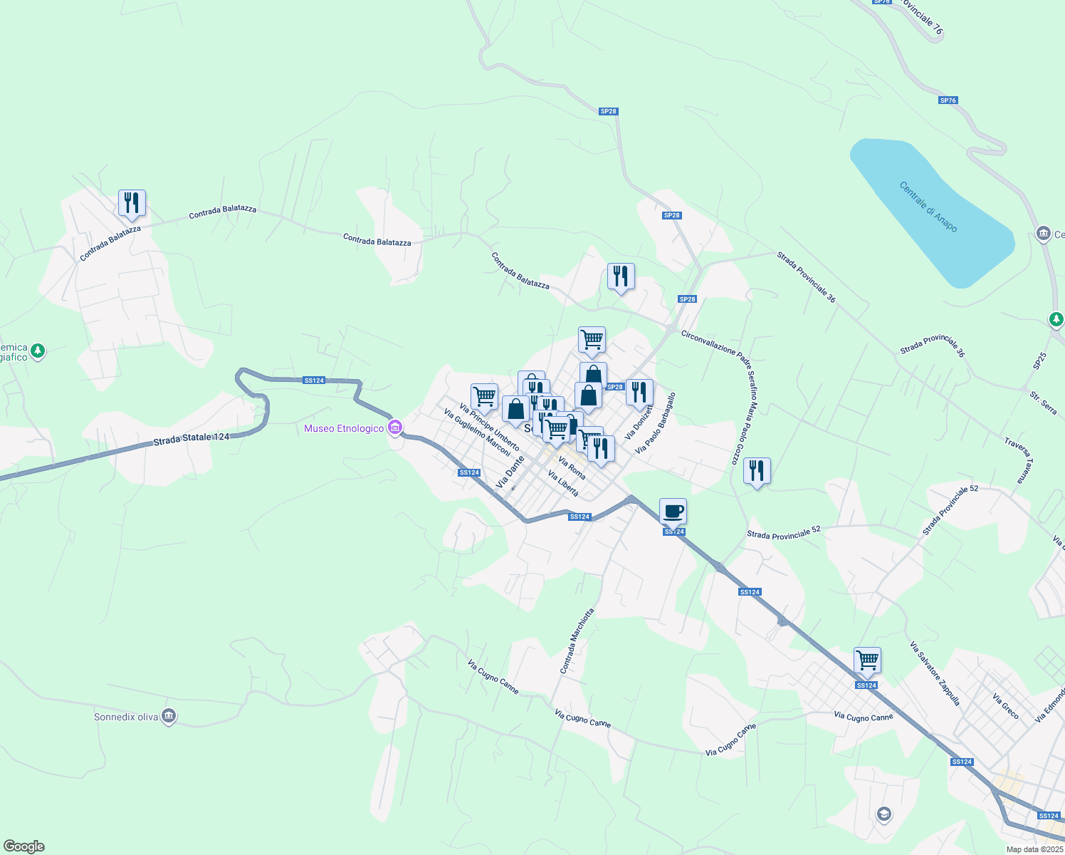 map of restaurants, bars, coffee shops, grocery stores, and more near 12 Via Palestro in Solarino